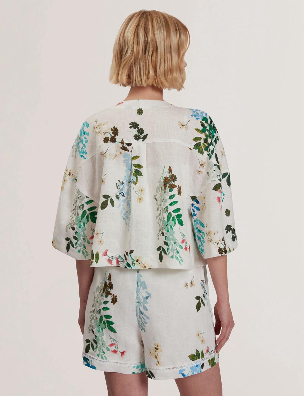 Women Ted Baker KALNA - Printed Linen Short Sleeve Cropped Shirt Tops White | Egypt  RNAID-2396