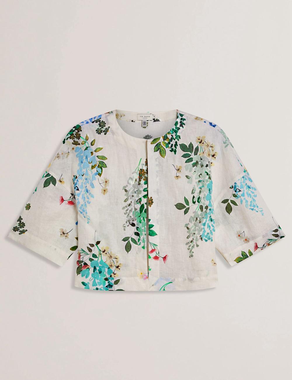 Women Ted Baker KALNA - Printed Linen Short Sleeve Cropped Shirt Tops White | Egypt  RNAID-2396
