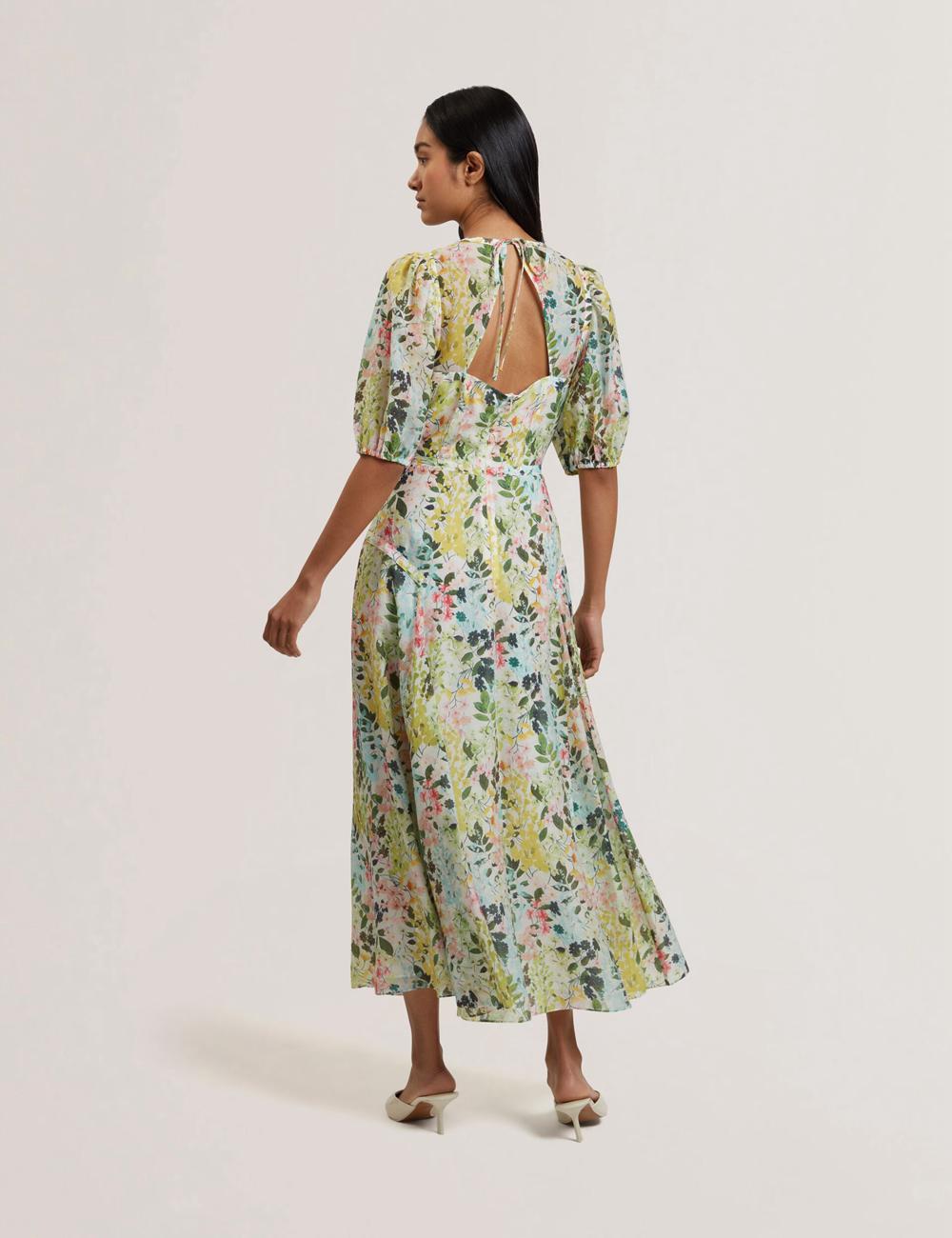 Women Ted Baker KANDEA - Floral Puff Sleeve A-Line Midi Dresses Ivory | Egypt  OGCDH-6519
