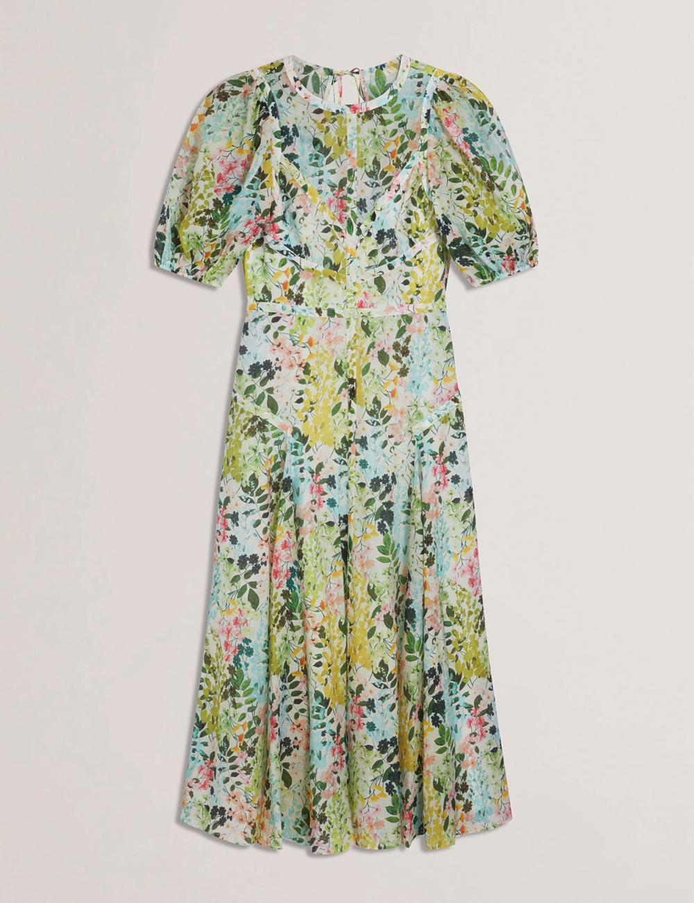 Women Ted Baker KANDEA - Floral Puff Sleeve A-Line Midi Dresses Ivory | Egypt  OGCDH-6519