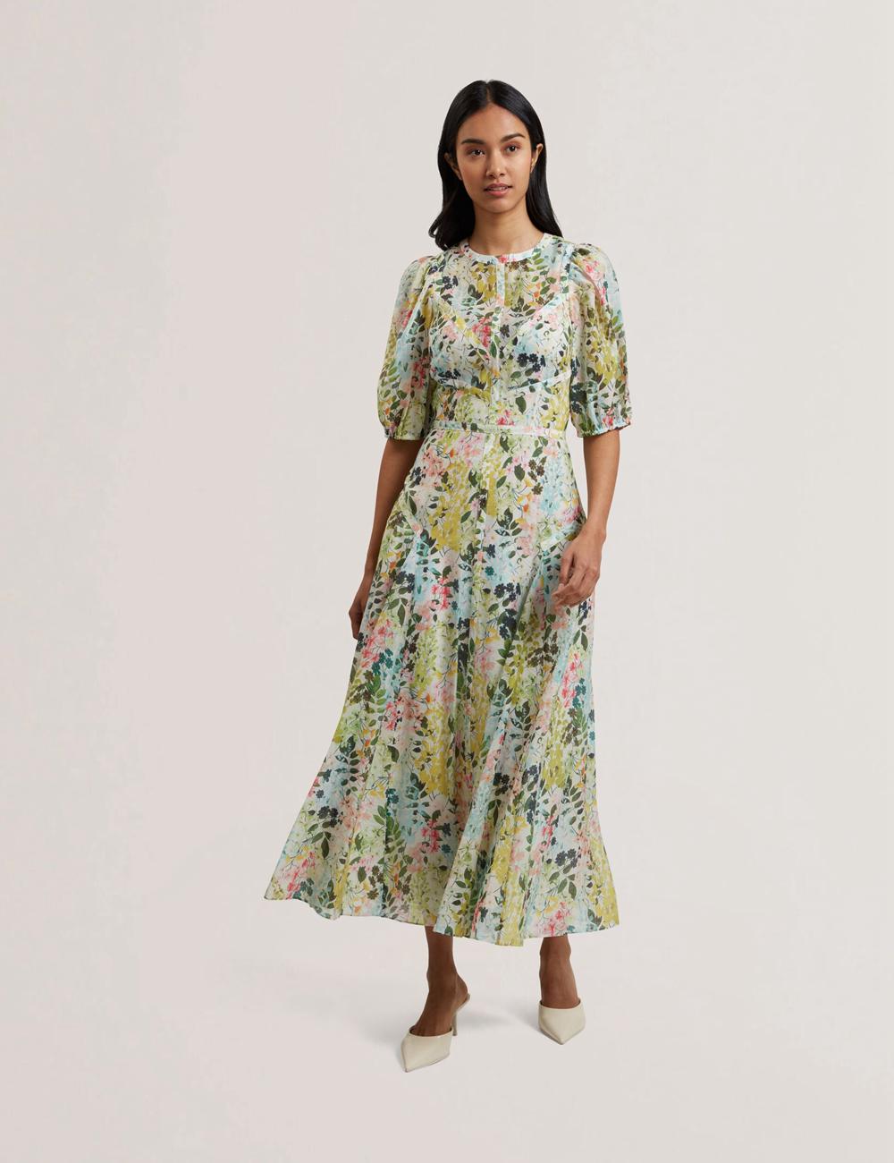 Women Ted Baker KANDEA - Floral Puff Sleeve A-Line Midi Dresses Ivory | Egypt  OGCDH-6519
