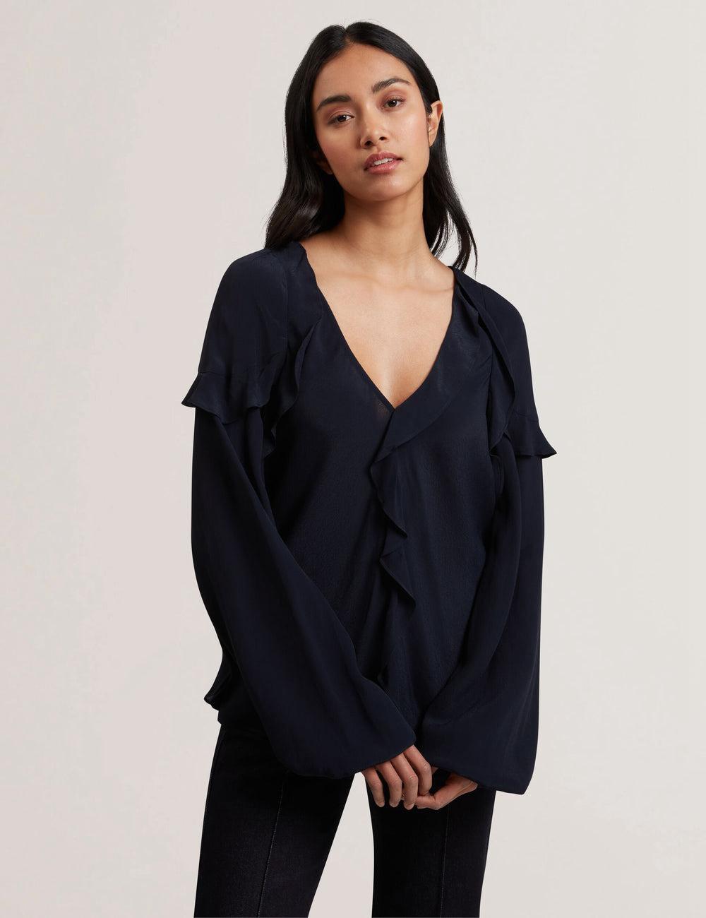 Women Ted Baker KAYFA - Waterfall Ruffle Trim Long Sleeve Blouses Navy | Egypt  UTWZA-0681