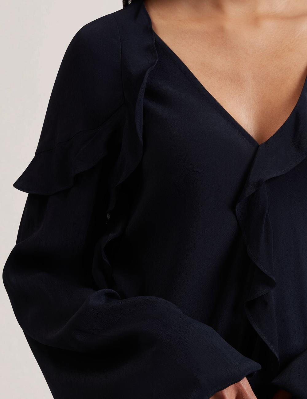 Women Ted Baker KAYFA - Waterfall Ruffle Trim Long Sleeve Blouses Navy | Egypt  UTWZA-0681