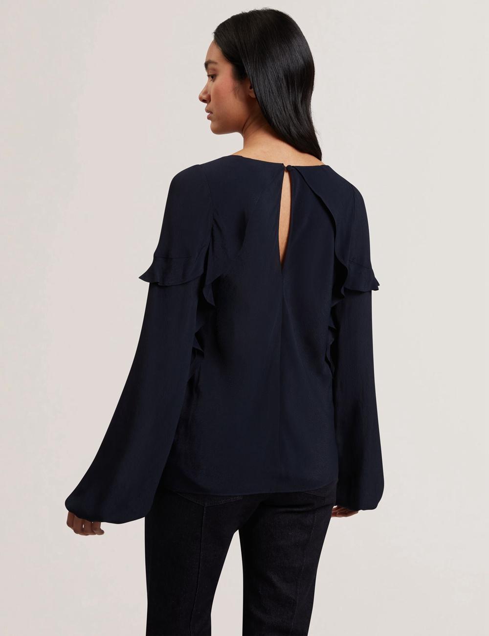 Women Ted Baker KAYFA - Waterfall Ruffle Trim Long Sleeve Blouses Navy | Egypt  UTWZA-0681