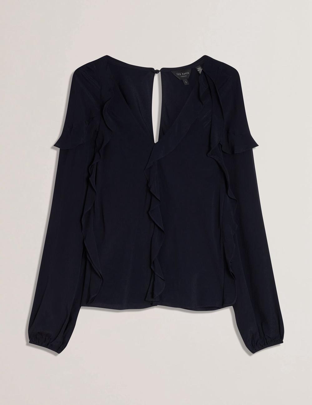 Women Ted Baker KAYFA - Waterfall Ruffle Trim Long Sleeve Blouses Navy | Egypt  UTWZA-0681