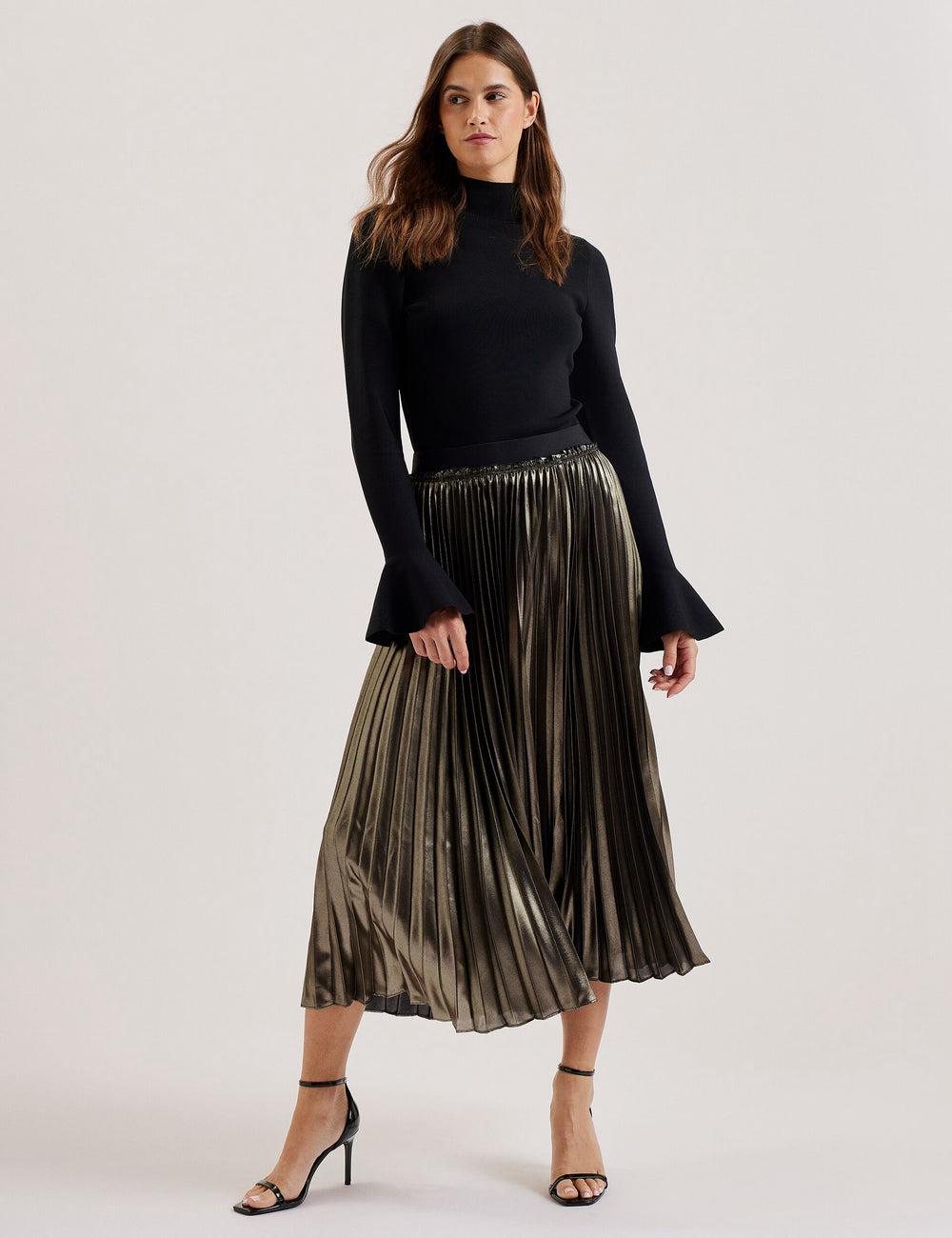 Women Ted Baker KESE - Metallic Pleated A-Line Midi Skirts Gold | Egypt  GJPCY-6134