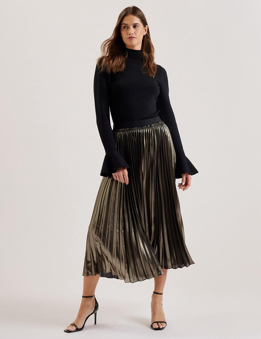 Women Ted Baker KESE - Metallic Pleated A-Line Midi Skirts Gold | Egypt  GJPCY-6134