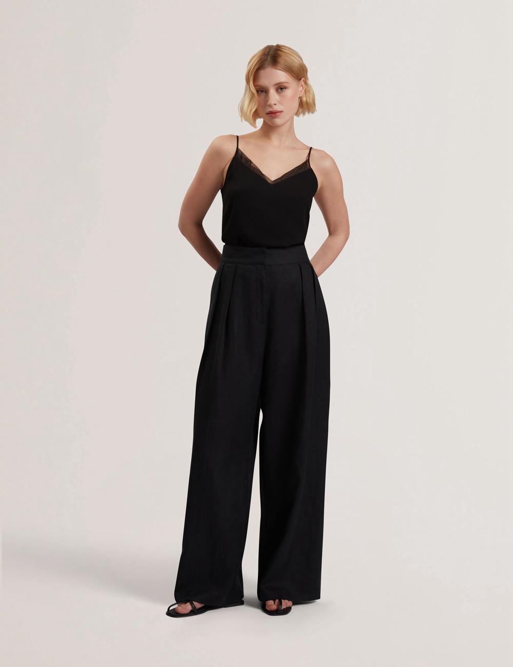 Women Ted Baker KYFAAT - Pure Linen Tailored Wide Leg Trousers Black | Egypt  NGXET-1284