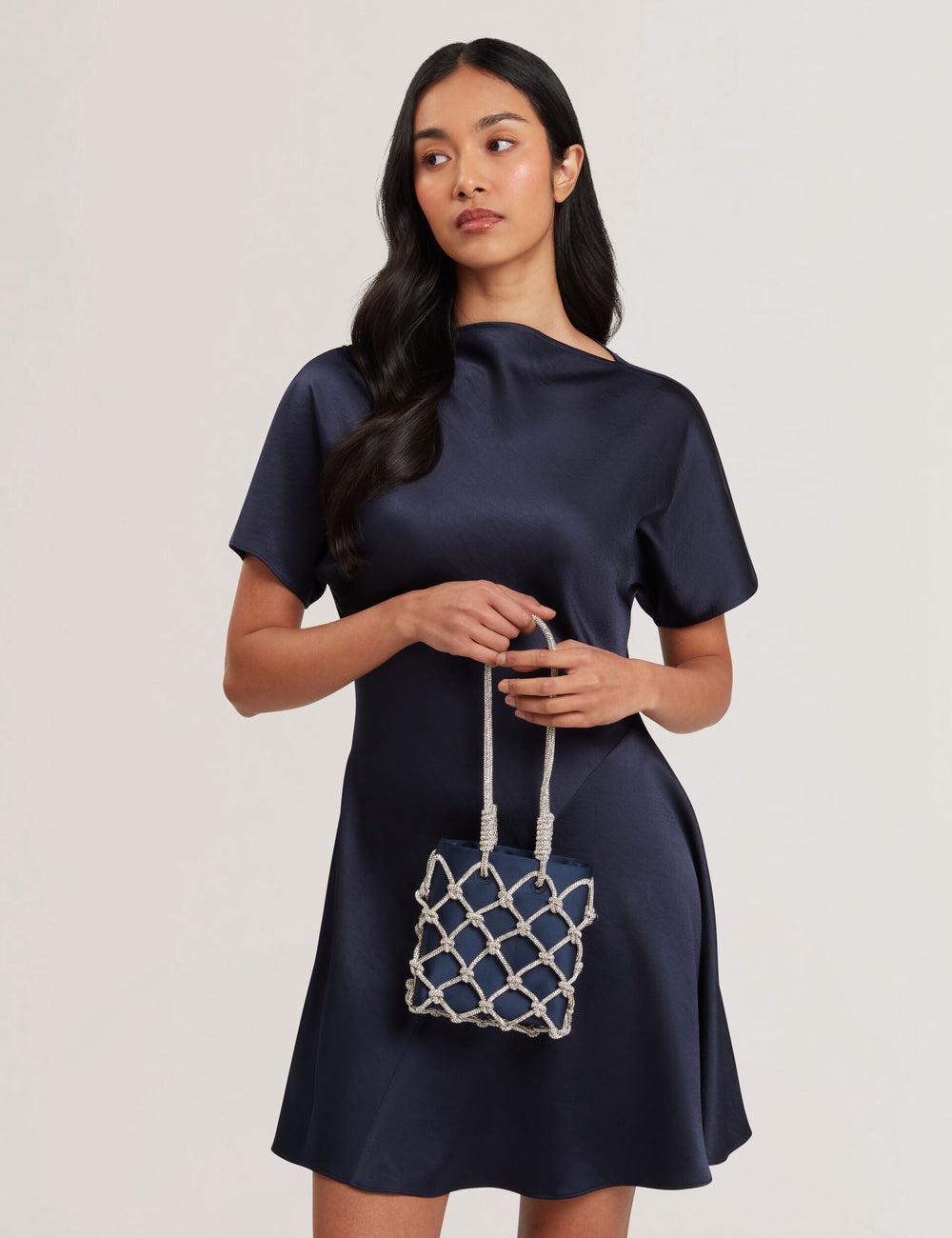 Women Ted Baker KYLIA - Crystal Cage Satin Mini Shoulder Bags Navy | Egypt  OGATY-0652