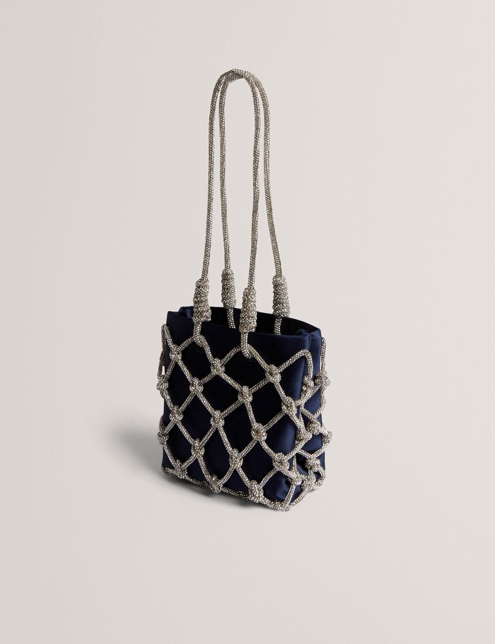 Women Ted Baker KYLIA - Crystal Cage Satin Mini Shoulder Bags Navy | Egypt  OGATY-0652