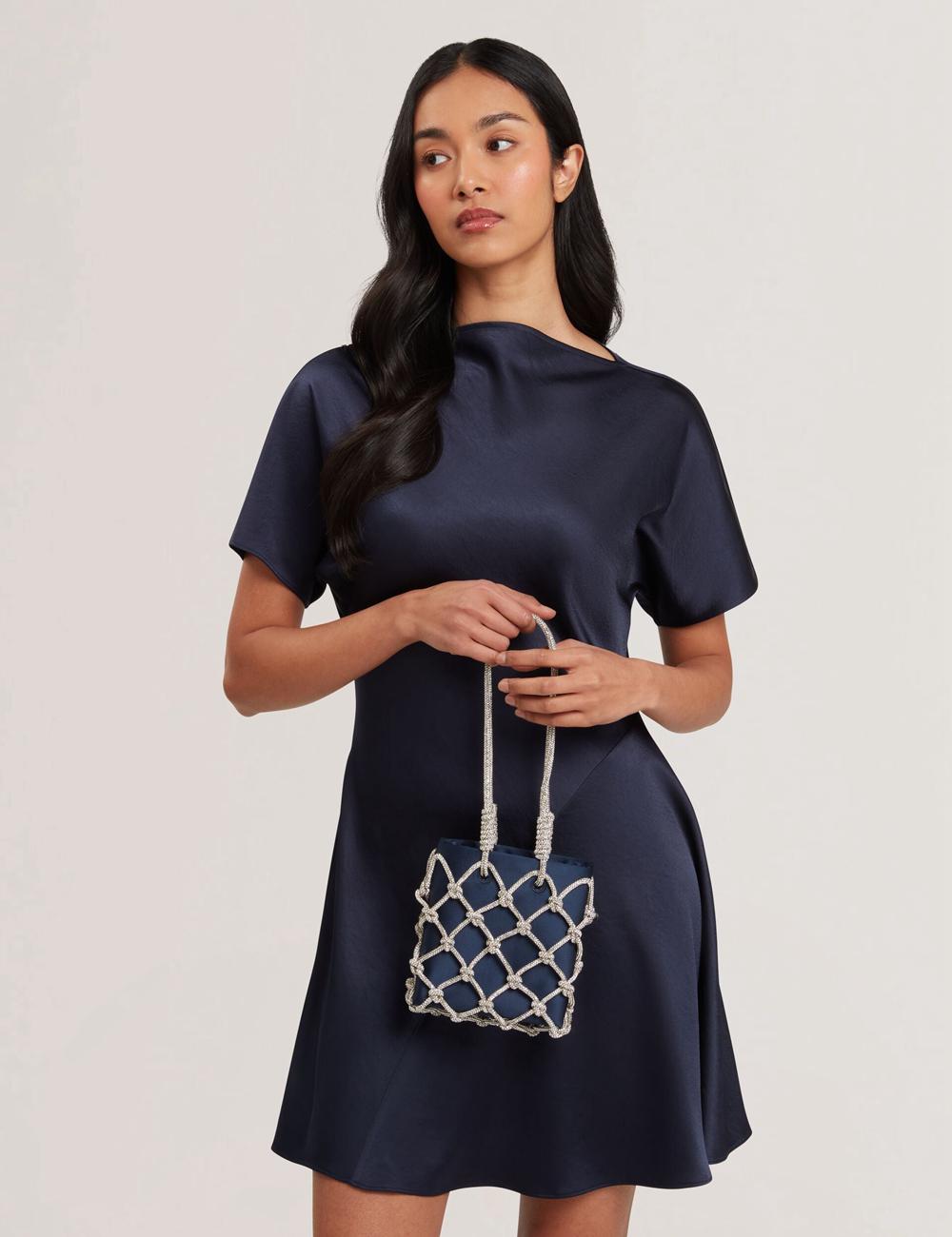 Women Ted Baker KYLIA - Crystal Cage Satin Mini Shoulder Bags Navy | Egypt  OGATY-0652
