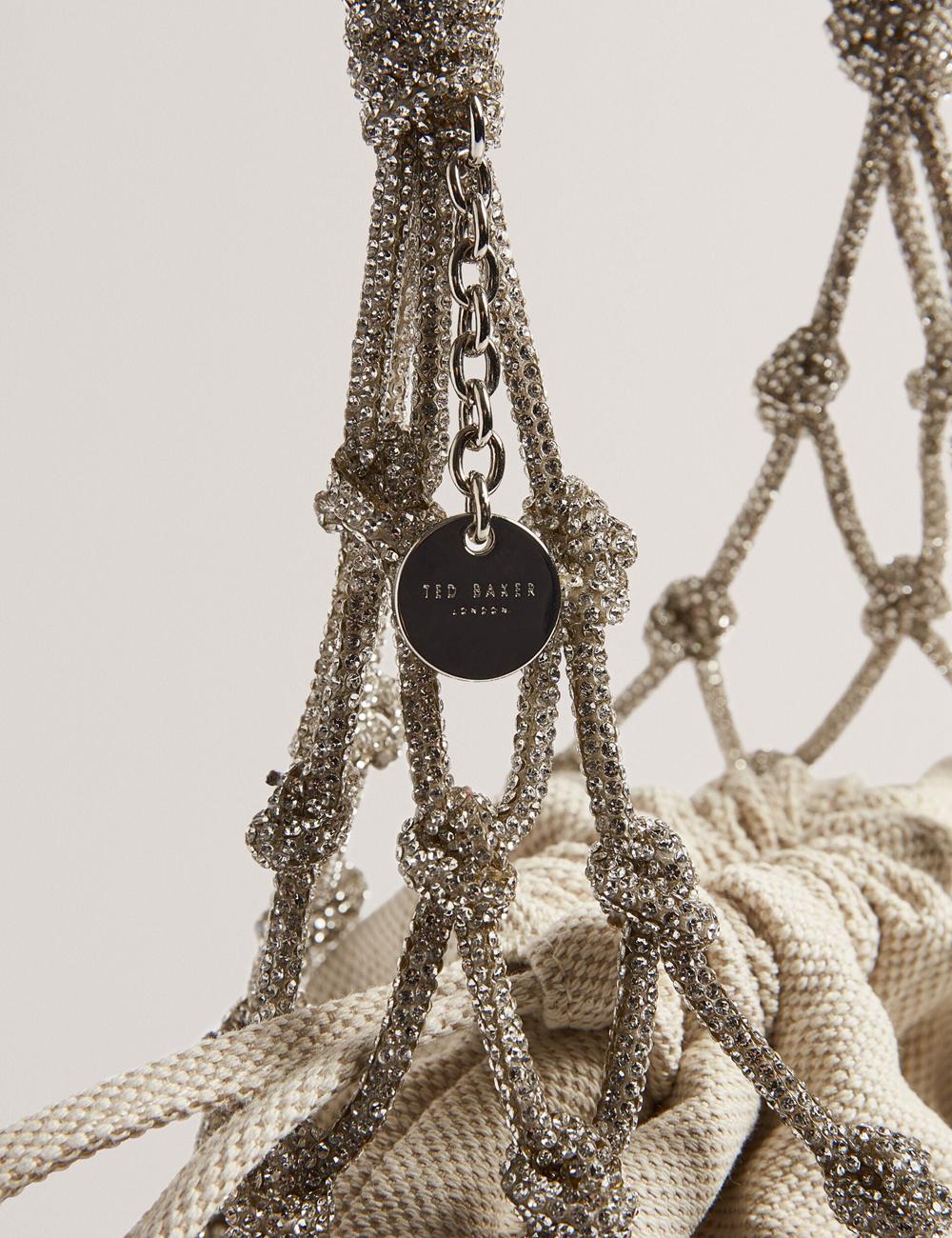 Women Ted Baker KYLISA - Crystal Cage Top Handle Canvas Bucket Bags Silver | Egypt  DLHWA-6073