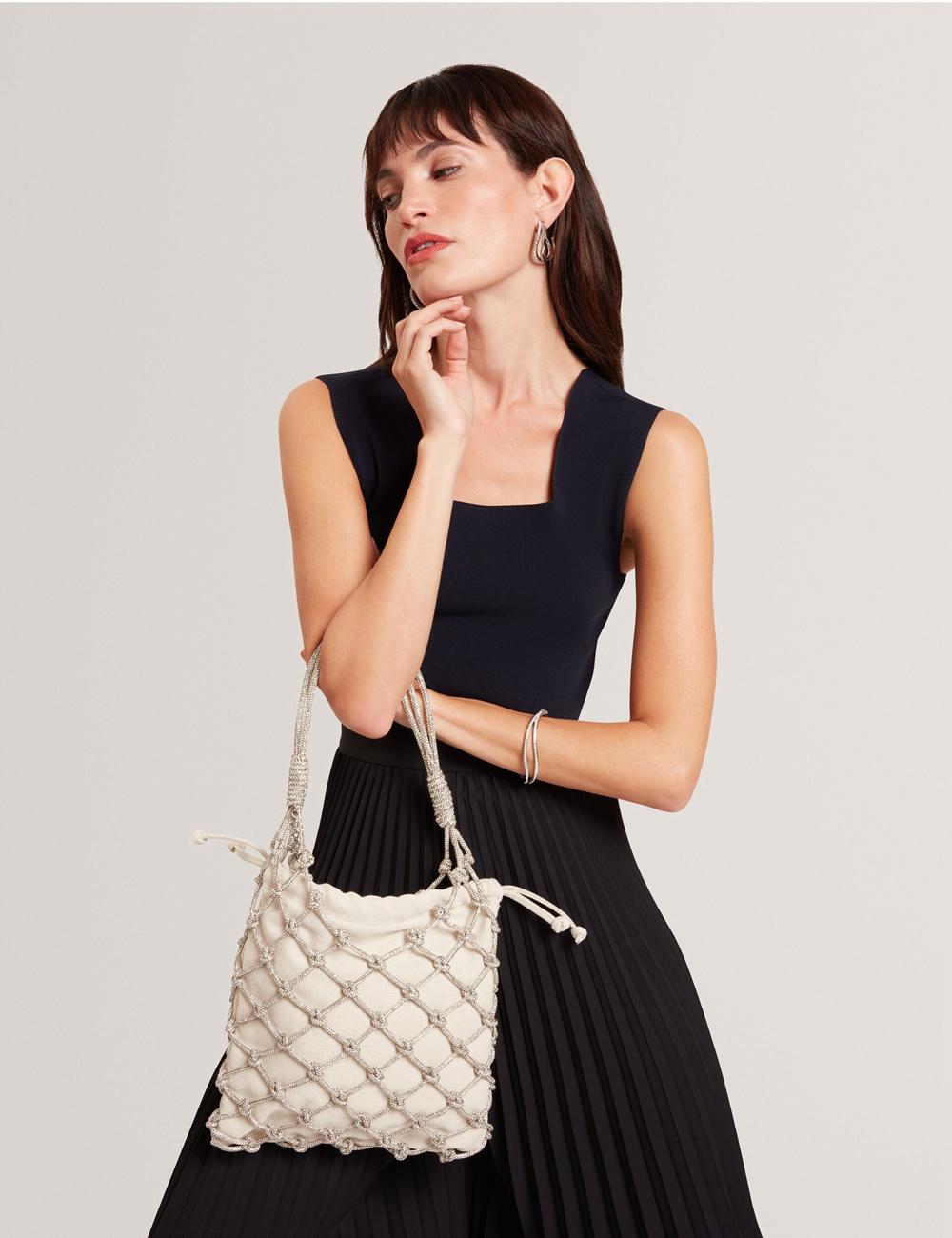 Women Ted Baker KYLISA - Crystal Cage Top Handle Canvas Bucket Bags Silver | Egypt  DLHWA-6073