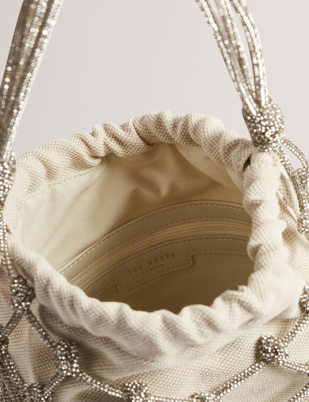 Women Ted Baker KYLISA - Crystal Cage Top Handle Canvas Bucket Bags Silver | Egypt  DLHWA-6073