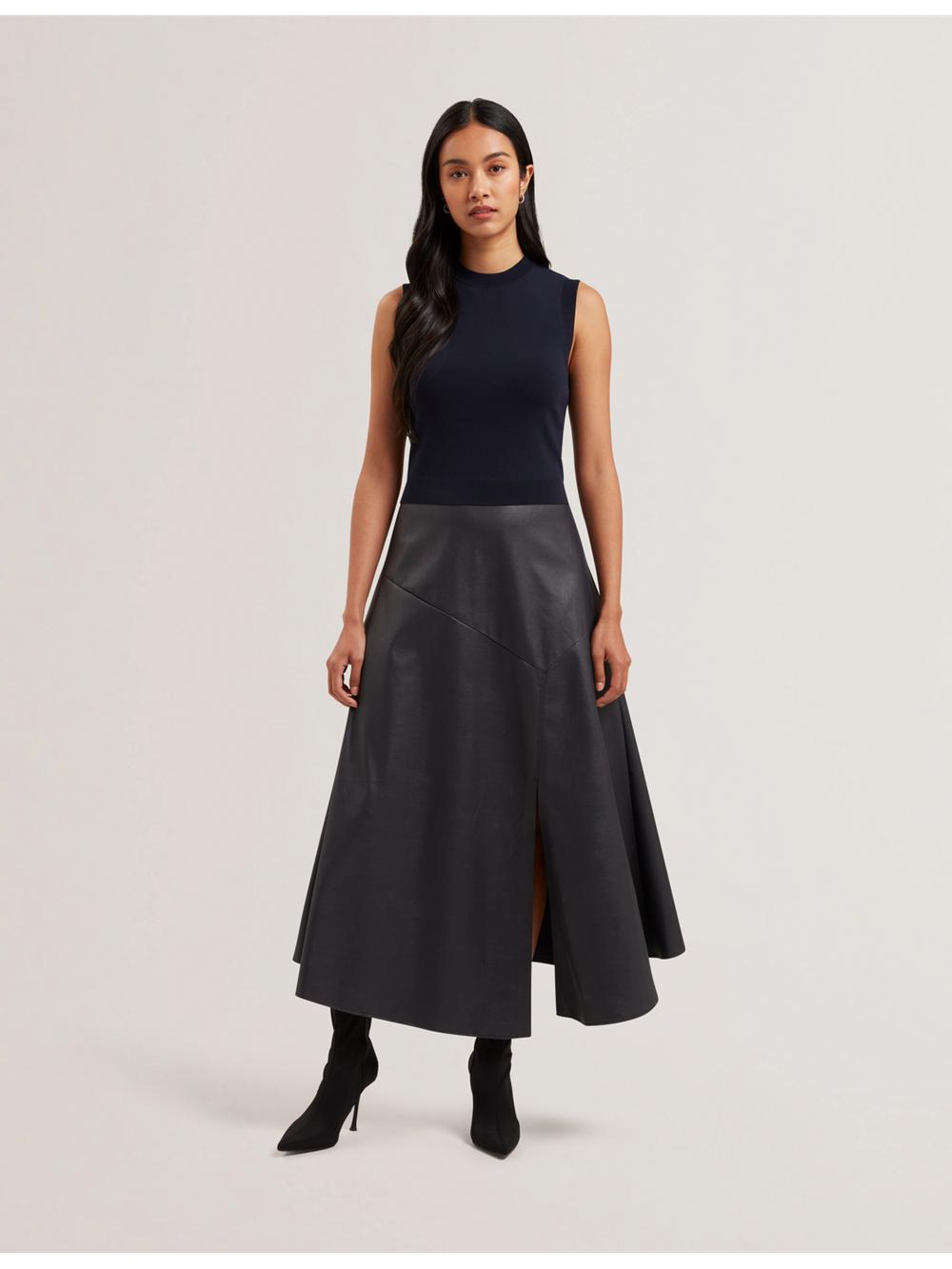 Women Ted Baker LABASA - Sleeveless Knit Faux Leather Midi Dresses Navy | Egypt  ZXGAS-3710