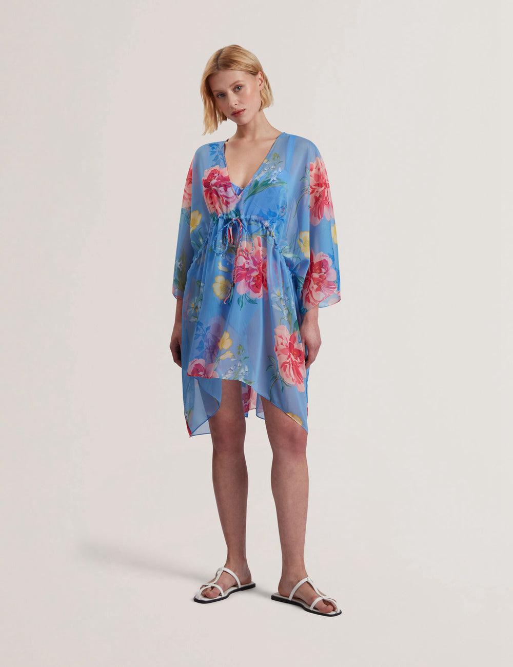 Women Ted Baker LARJA - Floral Print Chiffon Mini Beach Kaftan Cover Ups Blue | Egypt  GJEIY-2743