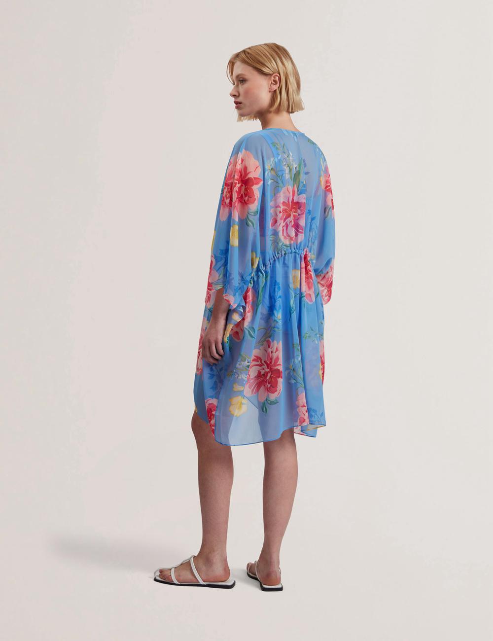 Women Ted Baker LARJA - Floral Print Chiffon Mini Beach Kaftan Cover Ups Blue | Egypt  GJEIY-2743