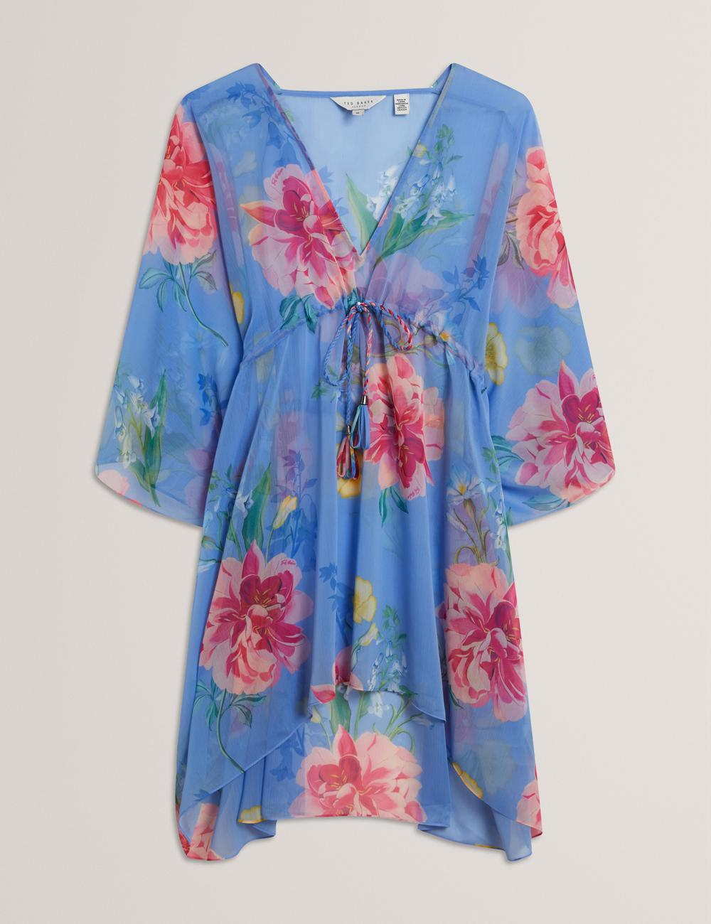 Women Ted Baker LARJA - Floral Print Chiffon Mini Beach Kaftan Cover Ups Blue | Egypt  GJEIY-2743