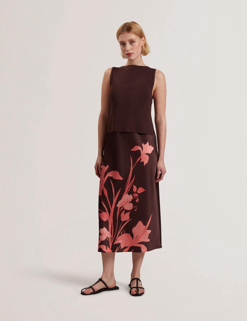Women Ted Baker LATTENA - Printed Satin With Removable Tank Midi Dresses Dk-Brown | Egypt  PHBXF-1802