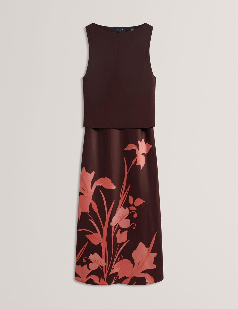 Women Ted Baker LATTENA - Printed Satin With Removable Tank Midi Dresses Dk-Brown | Egypt  PHBXF-1802