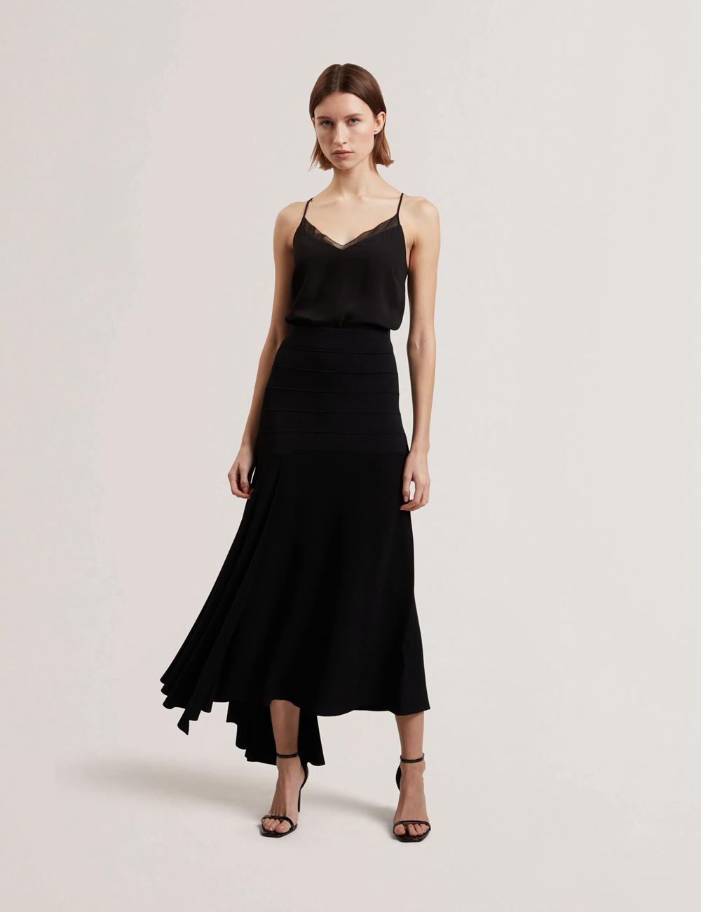 Women Ted Baker LAURRIE - Asymmetric Waterfall Hem Knitted Midi Skirts Black | Egypt  NBCLQ-7968