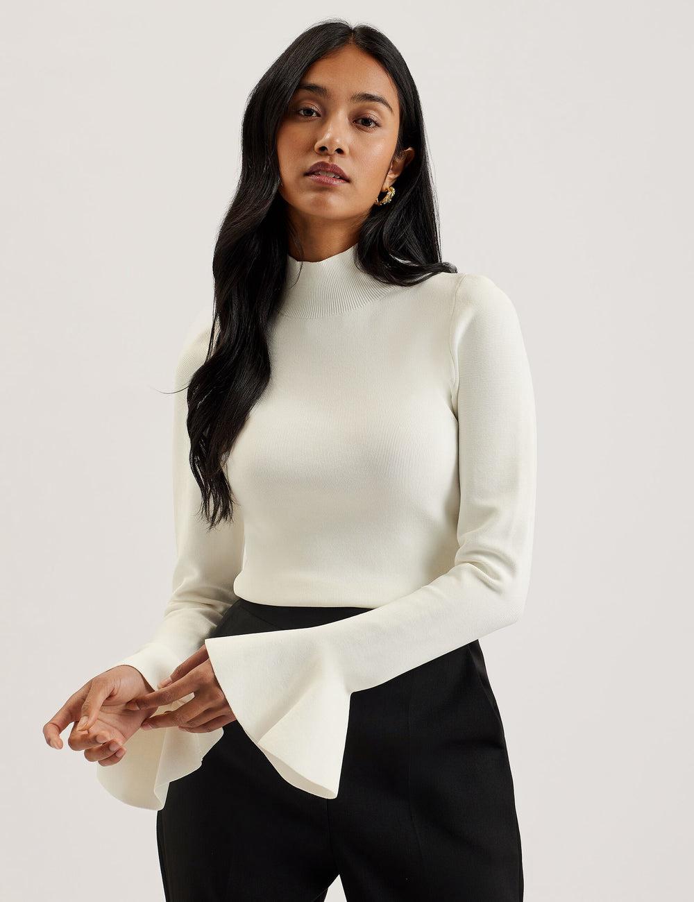 Women Ted Baker LAYNHA - Flared Sleeve High Neck Knitted Top Jumpers Ivory | Egypt  IVHSD-9356