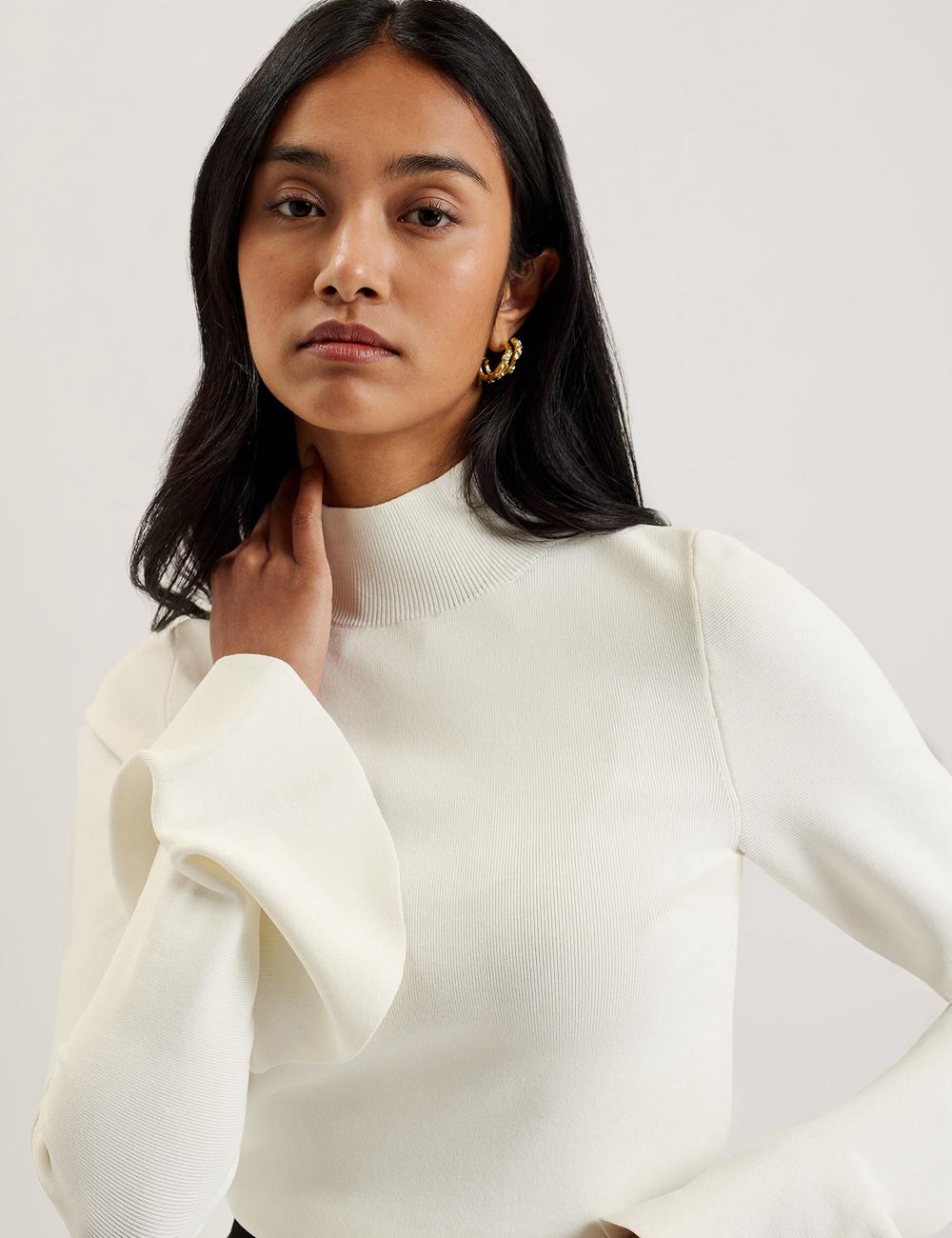 Women Ted Baker LAYNHA - Flared Sleeve High Neck Knitted Top Jumpers Ivory | Egypt  IVHSD-9356