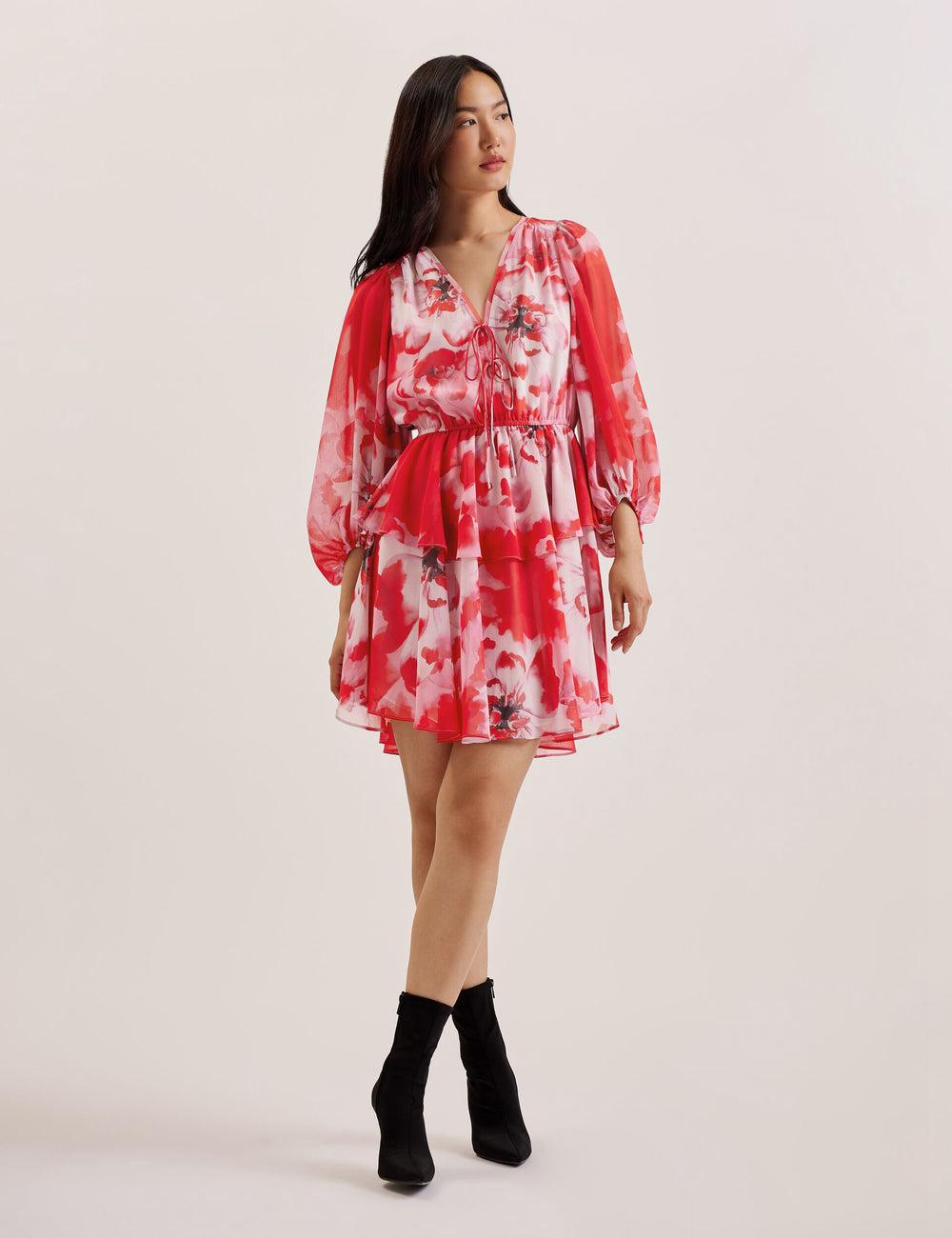 Women Ted Baker LEYNA - Floral Chiffon Front Mini Dresses Red | Egypt  EYBWF-2419