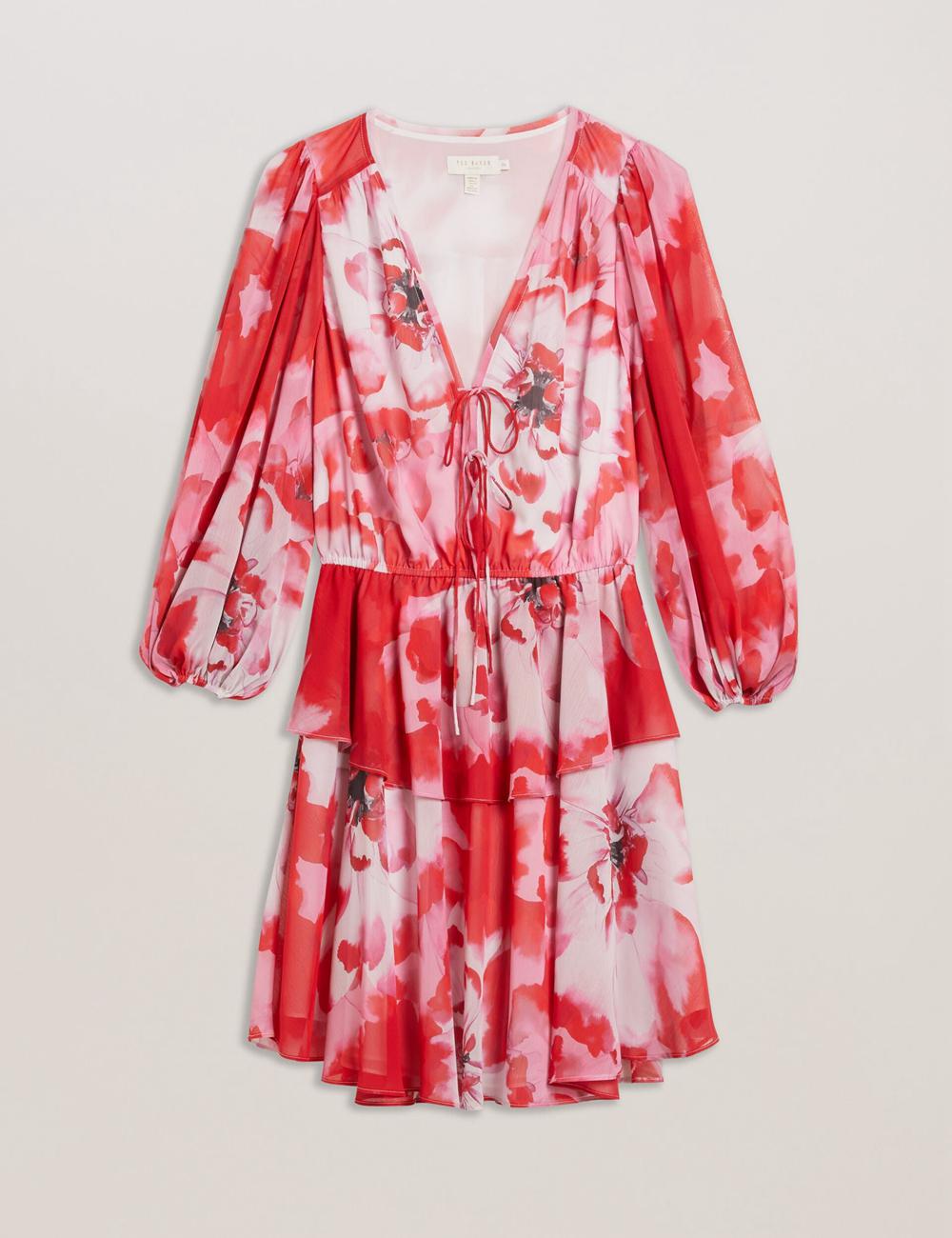 Women Ted Baker LEYNA - Floral Chiffon Front Mini Dresses Red | Egypt  EYBWF-2419