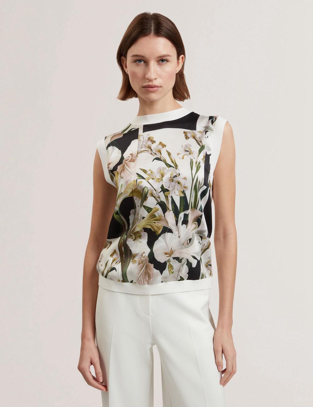 Women Ted Baker LIILEA - Floral Print Front Boxy Knitted Tops Ivory | Egypt  NECJY-0491
