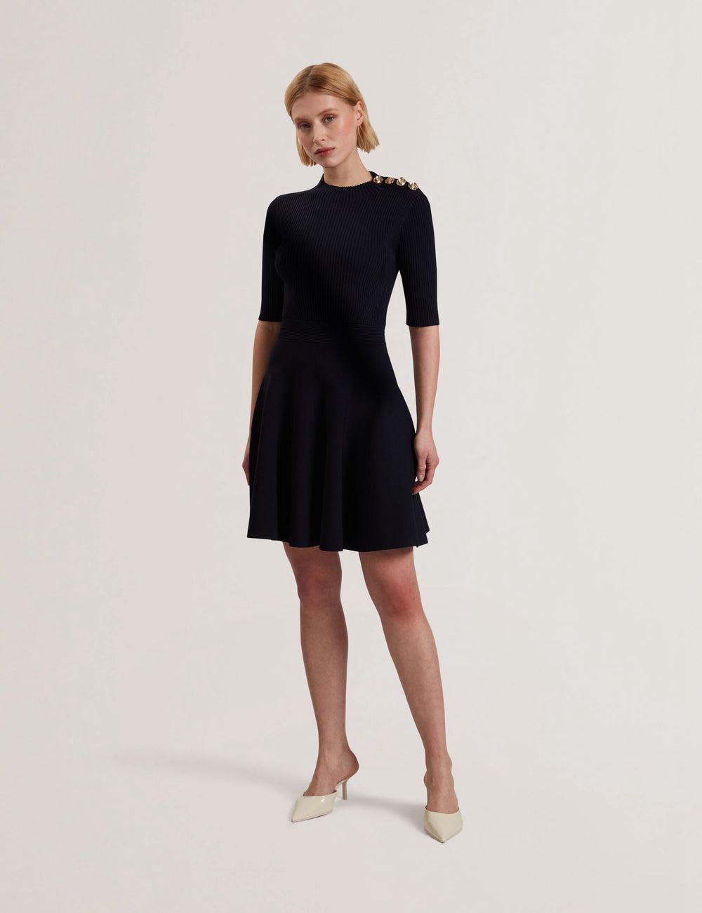 Women Ted Baker LILANO - Ribbed Knit Skater With Rose Buttons Mini Dresses Navy | Egypt  FPYSJ-8791