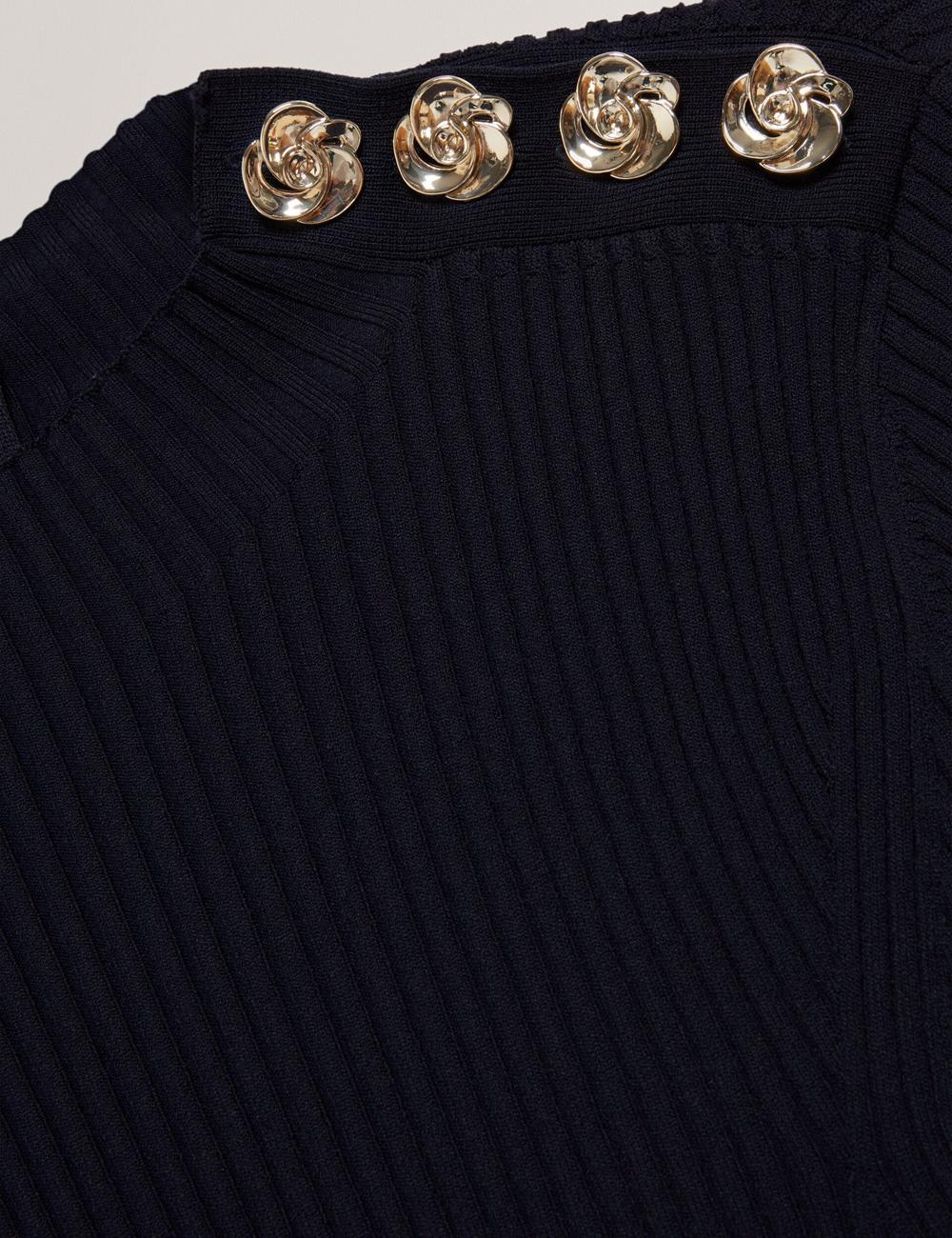 Women Ted Baker LILANO - Ribbed Knit Skater With Rose Buttons Mini Dresses Navy | Egypt  FPYSJ-8791
