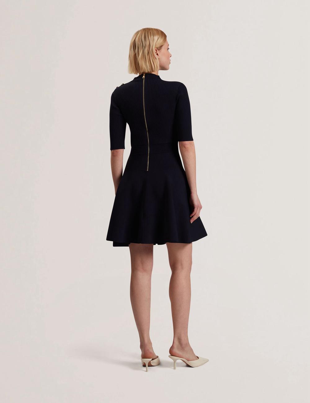 Women Ted Baker LILANO - Ribbed Knit Skater With Rose Buttons Mini Dresses Navy | Egypt  FPYSJ-8791