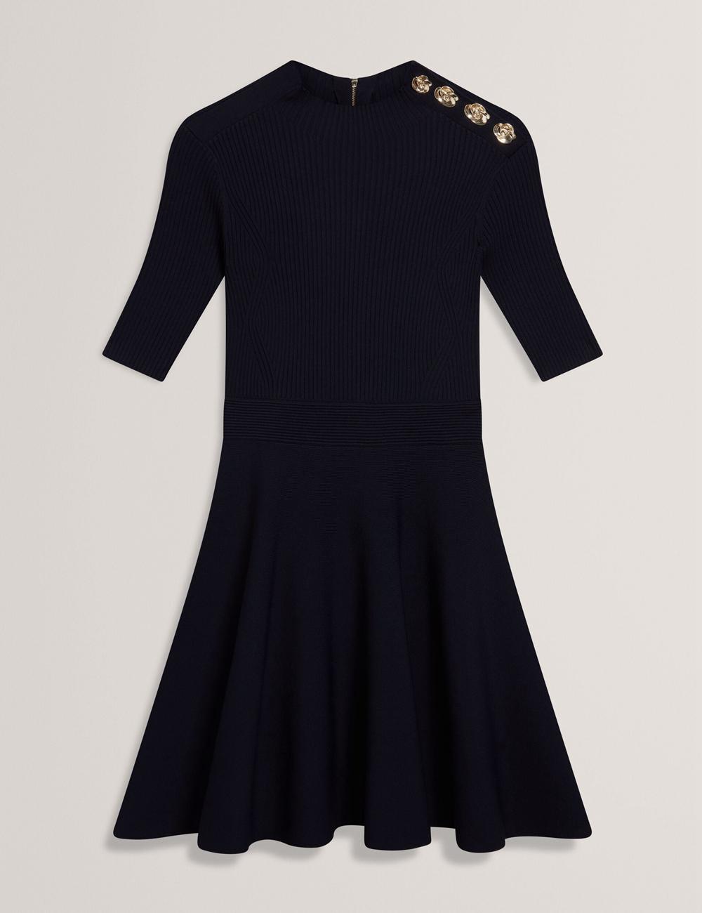 Women Ted Baker LILANO - Ribbed Knit Skater With Rose Buttons Mini Dresses Navy | Egypt  FPYSJ-8791