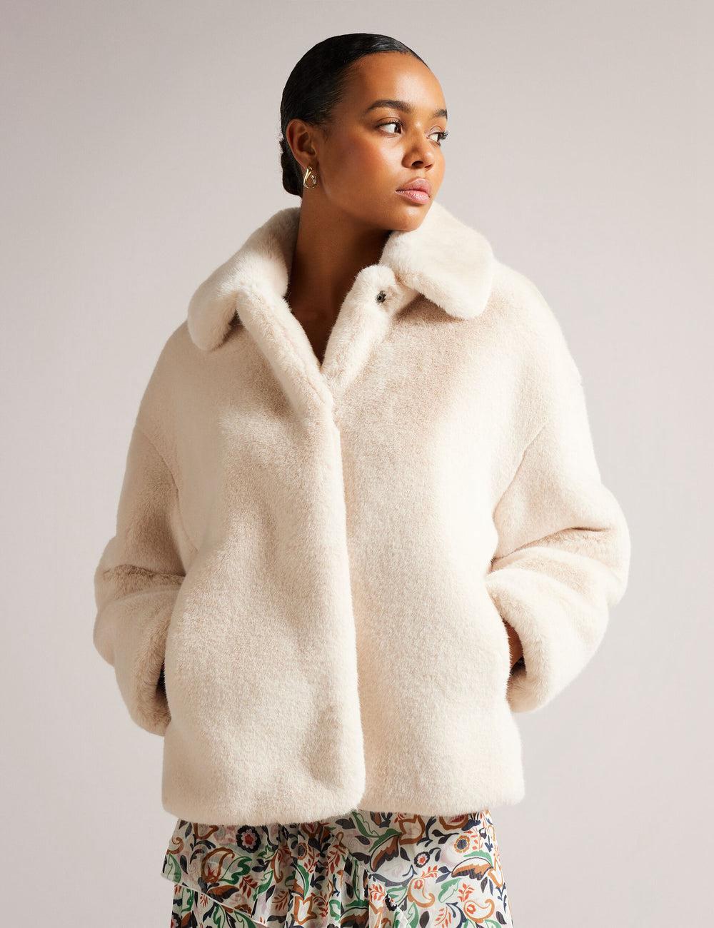 Women Ted Baker LILIAM - Faux Fur Collared Short Coat Jackets Ivory | Egypt  OATKY-9847