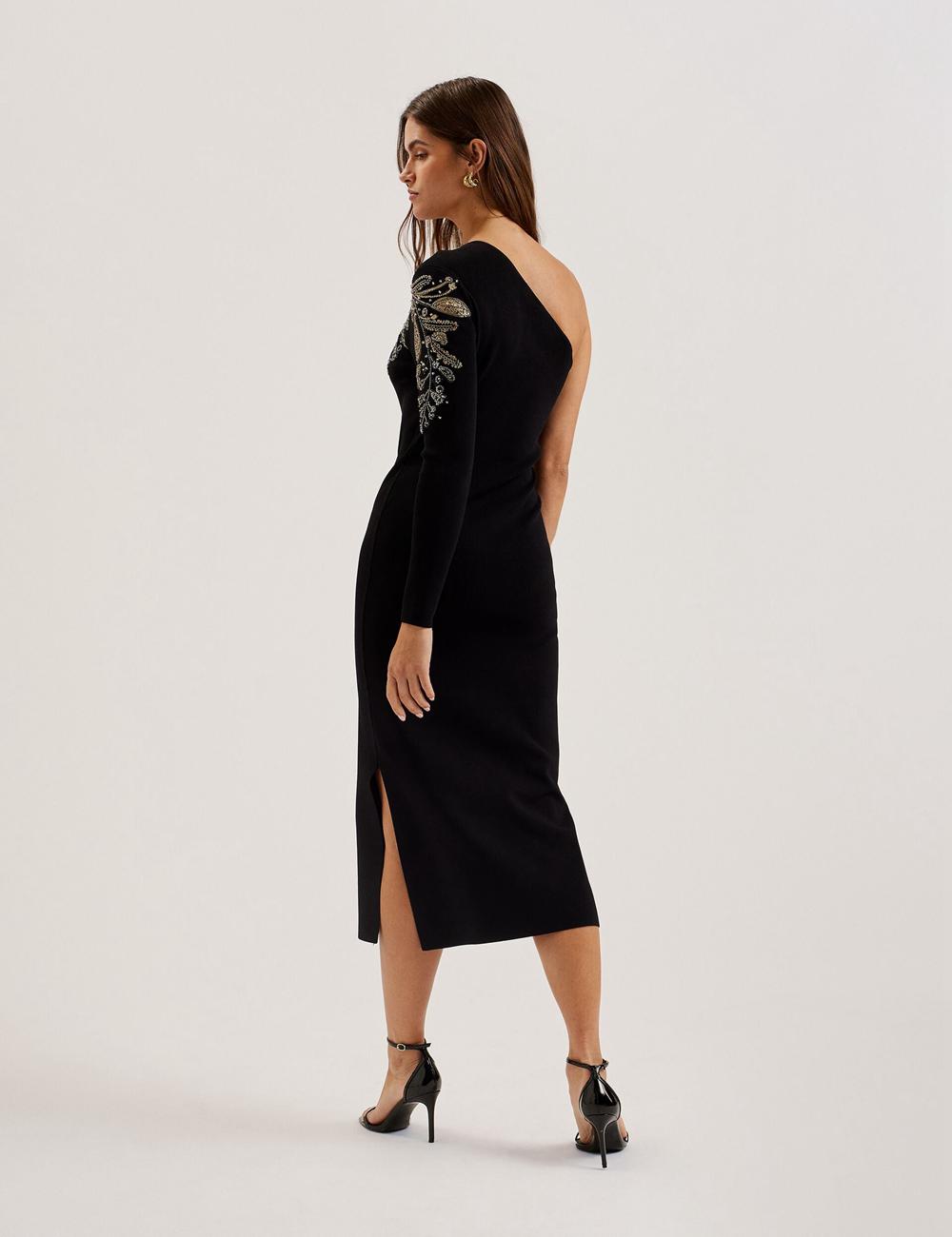 Women Ted Baker LIZYYY - One Shoulder Embellished Knit Midi Dresses Black | Egypt  CDWGS-7543