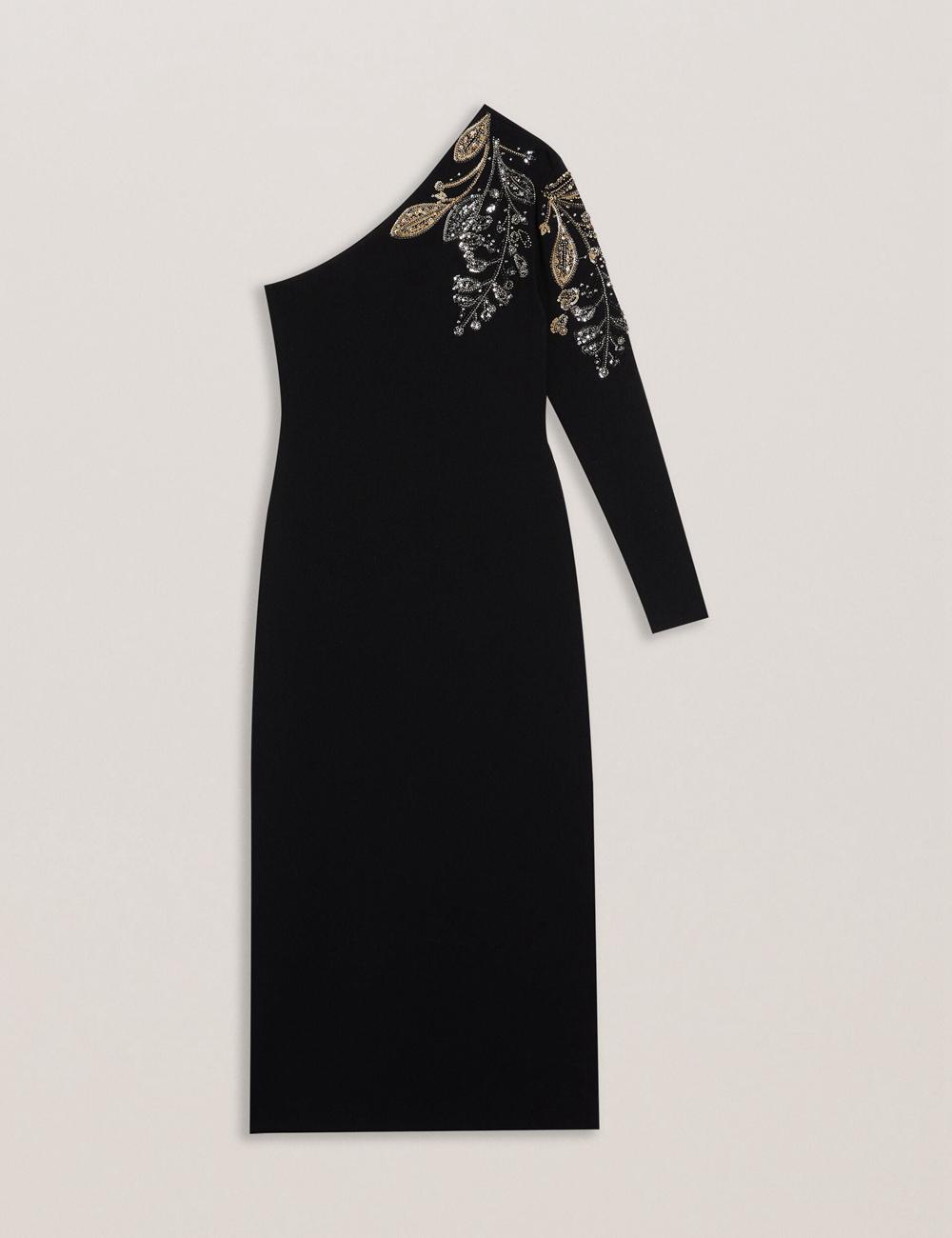Women Ted Baker LIZYYY - One Shoulder Embellished Knit Midi Dresses Black | Egypt  CDWGS-7543