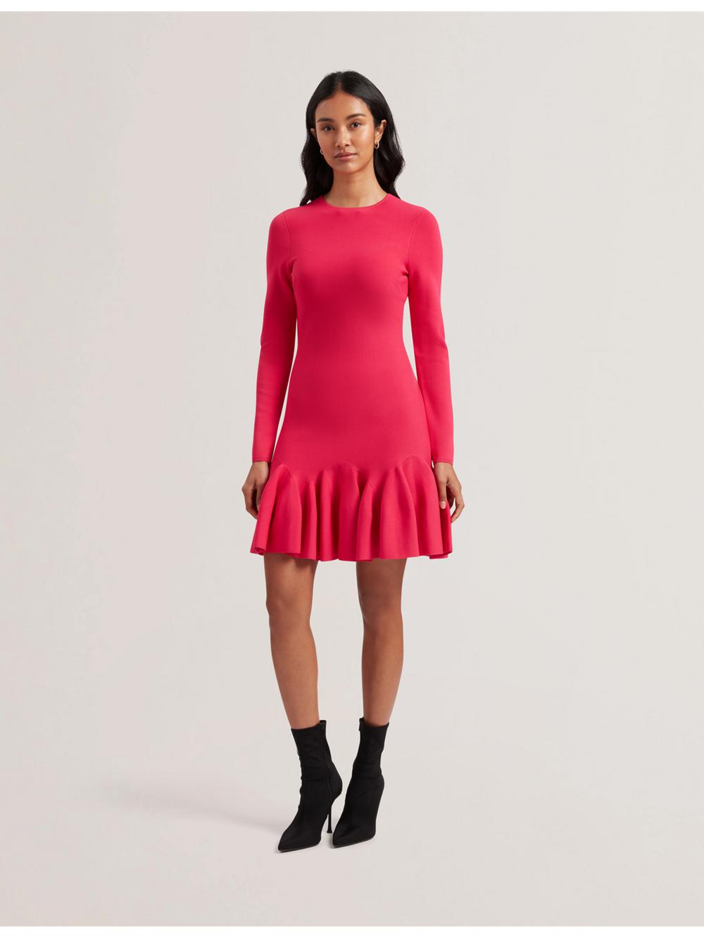 Women Ted Baker LOISSS - Flounce Hem Long Sleeve Knitted Mini Dresses Fuchsia | Egypt  TSEMK-8791