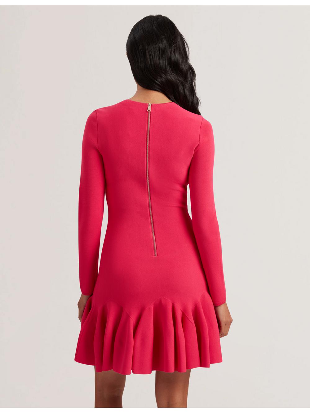 Women Ted Baker LOISSS - Flounce Hem Long Sleeve Knitted Mini Dresses Fuchsia | Egypt  TSEMK-8791