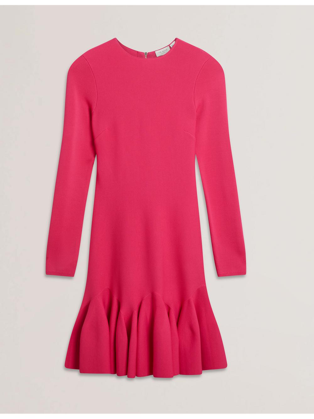 Women Ted Baker LOISSS - Flounce Hem Long Sleeve Knitted Mini Dresses Fuchsia | Egypt  TSEMK-8791