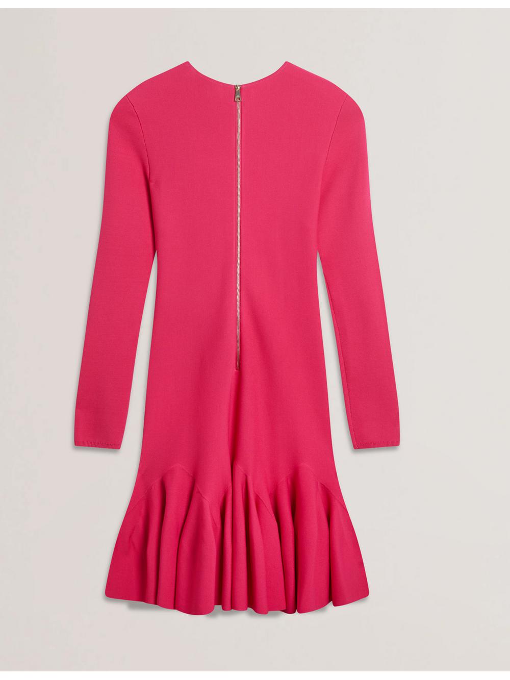 Women Ted Baker LOISSS - Flounce Hem Long Sleeve Knitted Mini Dresses Fuchsia | Egypt  TSEMK-8791