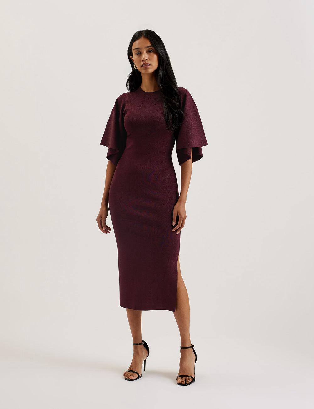 Women Ted Baker LOUANAA - Metallic Knit Fluted Sleeve Midi Dresses Red | Egypt  WVUEK-8962