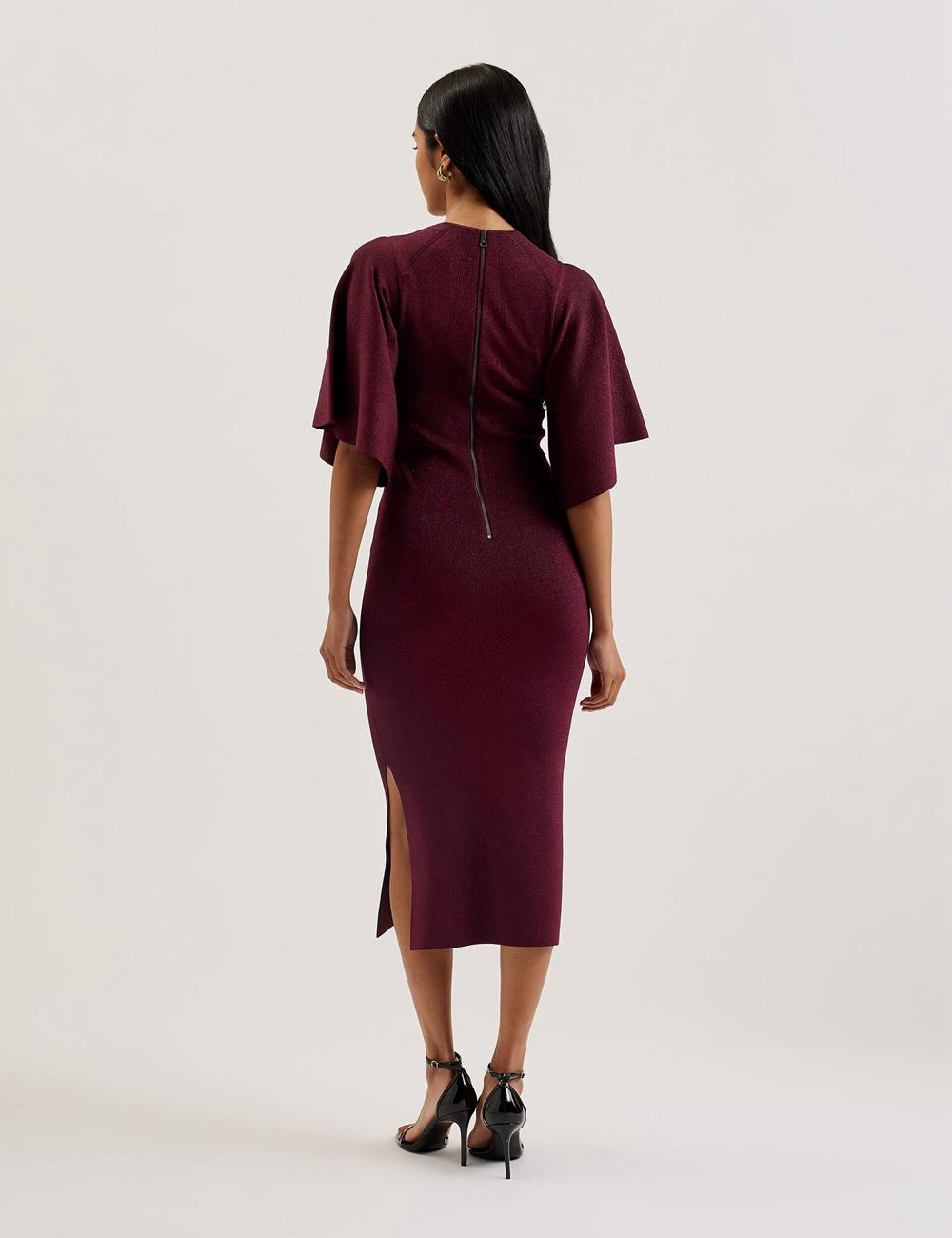 Women Ted Baker LOUANAA - Metallic Knit Fluted Sleeve Midi Dresses Red | Egypt  WVUEK-8962