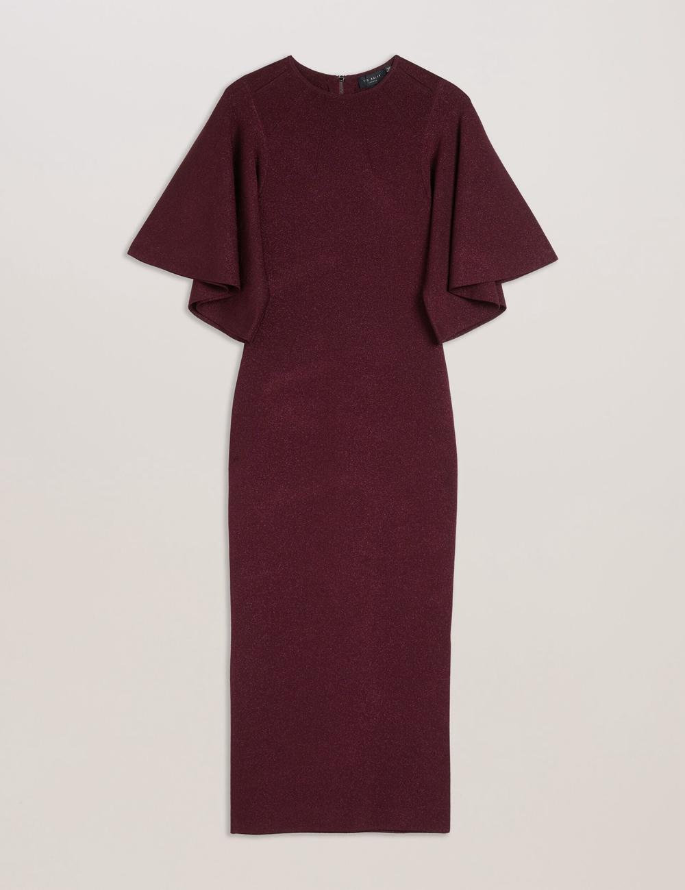 Women Ted Baker LOUANAA - Metallic Knit Fluted Sleeve Midi Dresses Red | Egypt  WVUEK-8962