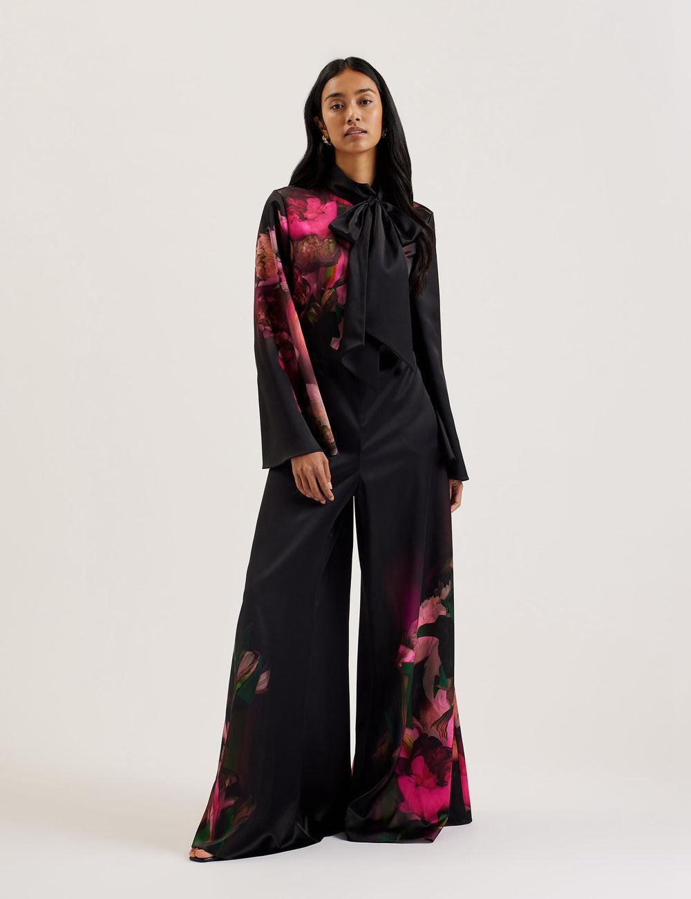 Women Ted Baker LOUSIOS - Printed Neck Wide Leg Jumpsuits Black | Egypt  WRDNO-0349
