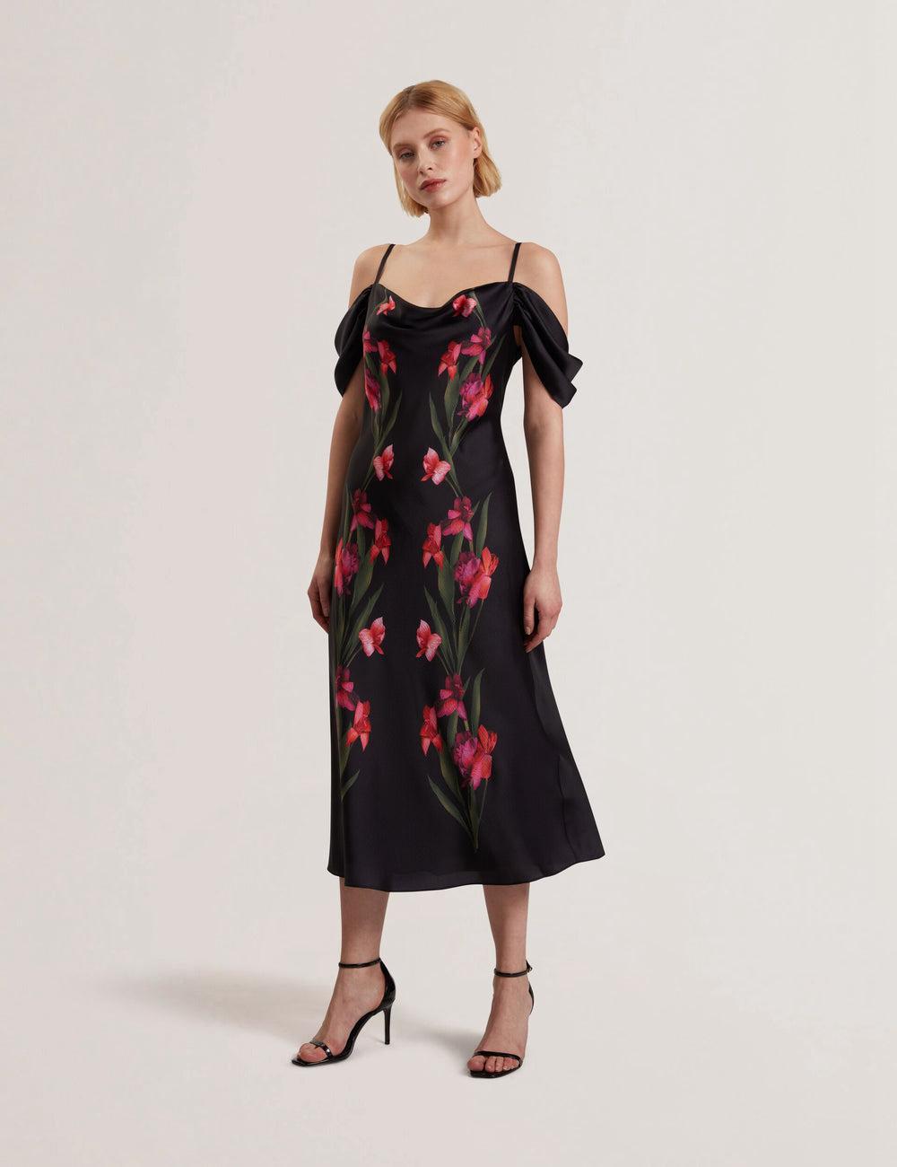 Women Ted Baker LUCERN - Floral Satin Off Shoulder Bias Midi Dresses Black | Egypt  SQREN-7236