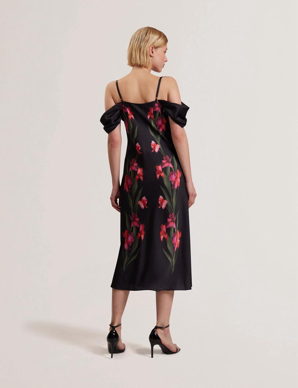 Women Ted Baker LUCERN - Floral Satin Off Shoulder Bias Midi Dresses Black | Egypt  SQREN-7236