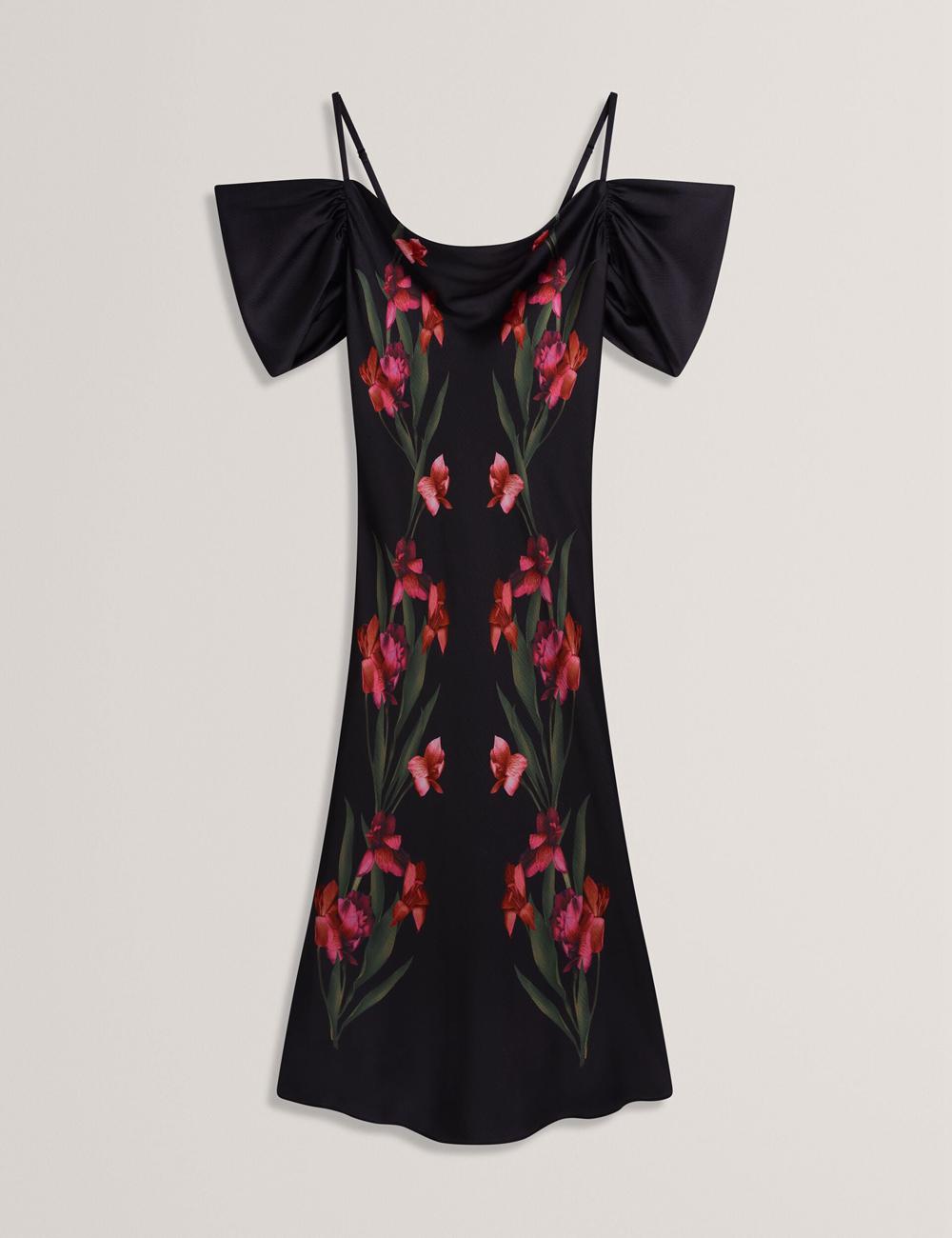 Women Ted Baker LUCERN - Floral Satin Off Shoulder Bias Midi Dresses Black | Egypt  SQREN-7236