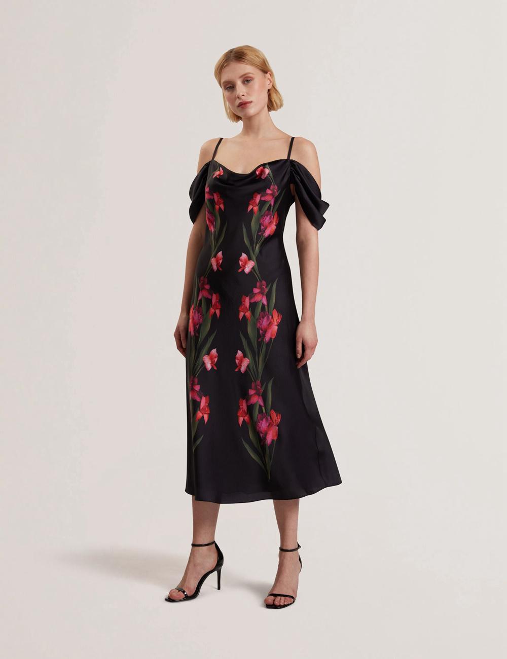 Women Ted Baker LUCERN - Floral Satin Off Shoulder Bias Midi Dresses Black | Egypt  SQREN-7236