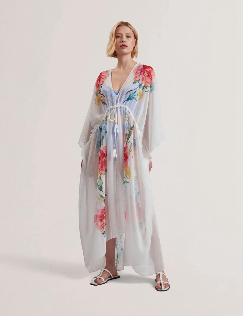Women Ted Baker LUUSAA - Floral V-Neck Maxi Kaftan Beach Dress Cover Ups White | Egypt  FCTWK-0186